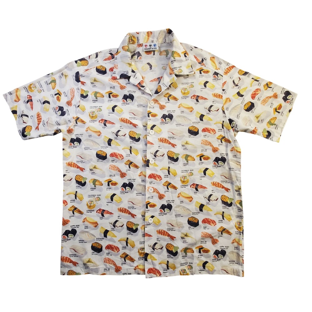 Third Rail Mens Sushi Print Short Sleeve Button Front Camp Shirt White Large Vtg